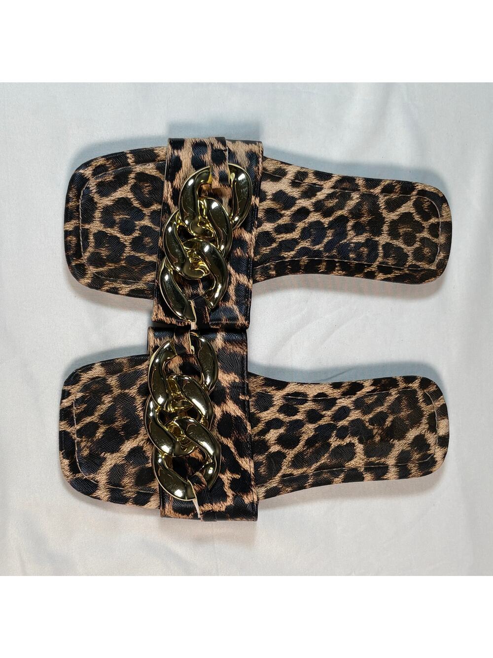 Leopard Print Slide Sandals Womens Size 8 Gold Chain Flat Slides